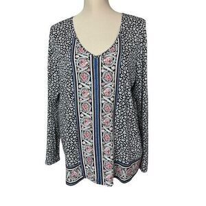 J Jill Women boho top Black Floral Medium V Neck long sleeve